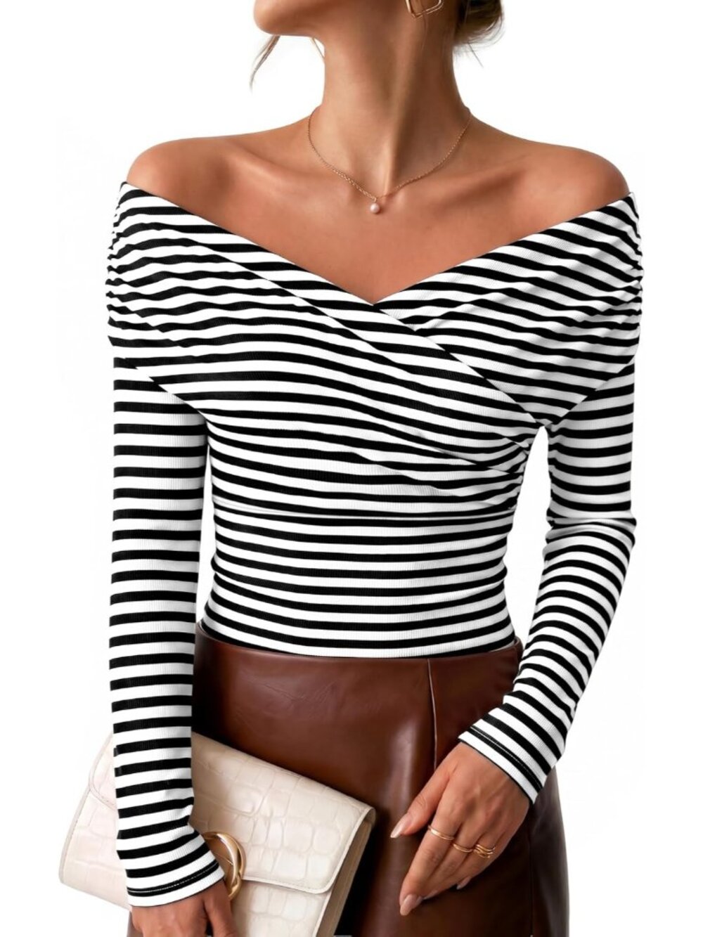 Women's Striped Black Off Shoulder Front Ribbed Long Sleeve Casual T-shirt Top